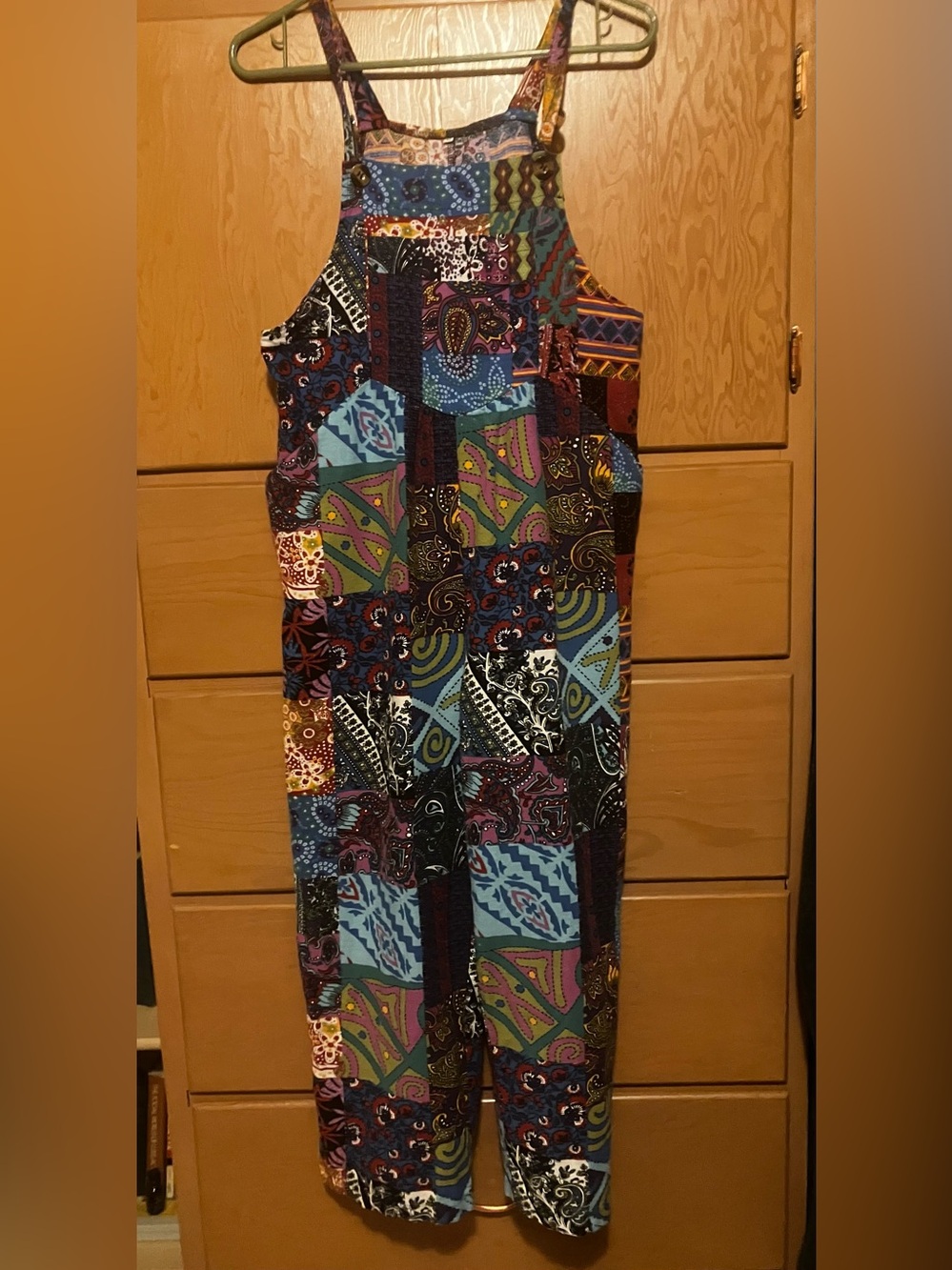 Colorful boho overalls, patchwork patterned, size M